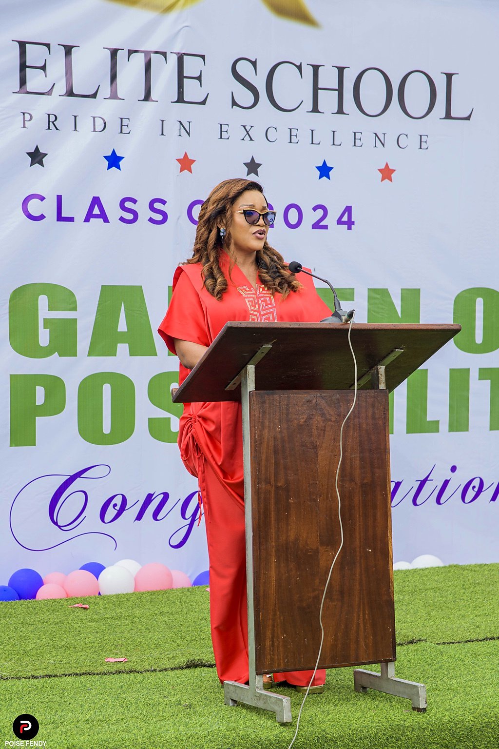 Lady Mrs. Amaka Okorie, Proprietress of Harmony International School, speaking at graduation